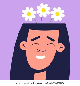 Mental health, happiness, harmony creative abstract concept. Happy girl heads with flowers inside. Mindfulness, positive thinking, self care idea. Flat vector illustration.