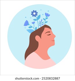 Mental health, happiness, harmony creative abstract concept. Love yourself, Happy female heads with flowers inside. Mindfulness, positive thinking, self care idea. Set of flat vector