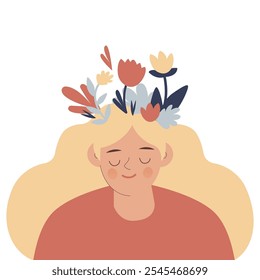 Mental health, happiness, harmony creative abstract concept. Happy female head with flowers. Mindfulness, positive thinking, self care idea. Modern vector illustration