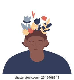 Mental health, happiness, harmony creative abstract concept. Happy male head with flowers. Mindfulness, positive thinking, self care idea. Modern vector illustration