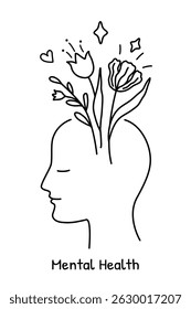 Mental health, happiness, harmony creative minimalist line art abstract concept. Head with blooming flowers, symbolizing inner peace, mindfulness. For wellness blogs, therapy centers, poster