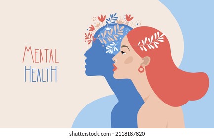 Mental health, happiness, harmony with yourself concept. Woman's head with flowers inside. Positive thinking, self care idea. Flat cartoon vector illustration