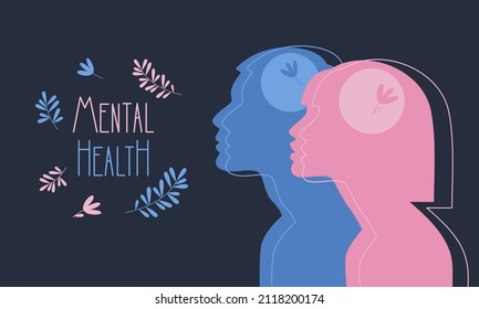 Mental health, happiness, harmony with yourself concept. Male and female heads with flowers inside. Positive thinking, self care idea. Flat cartoon vector illustration