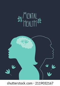 Mental health, happiness, harmony with yourself. Woman profile, brain. Positive thinking, the idea of taking care of yourself. Flat vector illustration, poster
