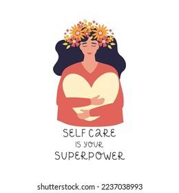 Mental health, happiness, positive emotions and feelings. Happy woman with flowers in her hair holding a big heart. Harmony in yourself. Vector.