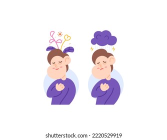 mental health. happiness and sadness. a man who feels peace and a man who feels anxious. flower grow in head and cloudy head. positive thoughts and negative thoughts. illustration concept design