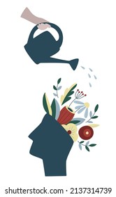 Mental health, happiness, self-development abstract concept. Someone pours water from a watering can on a head with flowers inside. Mindfulness, self care idea. Isolated flat vector illustration