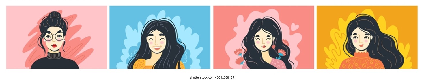 Mental health, happiness and wellness concepts. Portraits of confident and happy women and girls. Positive thinking and joy. Vector cartoon characters.