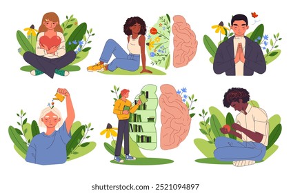 Mental health. Happy characters with healthy mindset and wellbeing. Psychology and Mindfulness. Self love, acceptance and development. Flat vector illustration collection isolated on white background