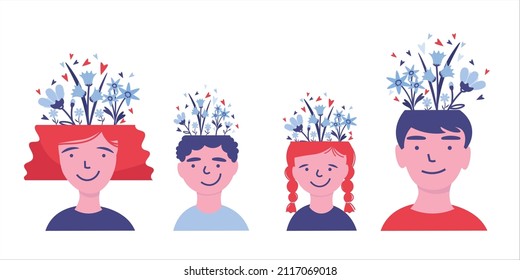 Mental health, happy family concept, balance, harmony. Male, female, children's heads with flowers inside. Mindfulness, positive thinking, self care idea. Set of flat cartoon vector illustrations
