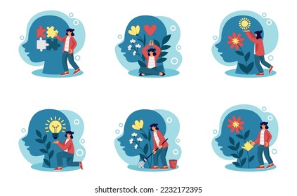 Mental health, happy self mind. Love people characters, healthy woman selfcare, confident help. Head silhouette and tiny girl, psychotherapy treatment. Vector cartoon flat tidy concept set
