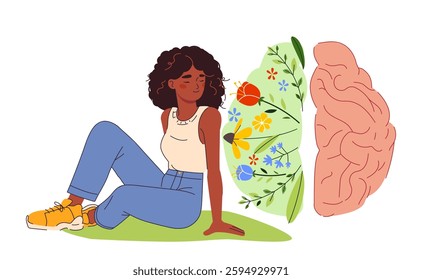 Mental health. Happy woman with blooming flowers in her head as symbol of healthy mindset and wellbeing. Self acceptance and self love. Solving psychological problems. Flat doodle vector illustration