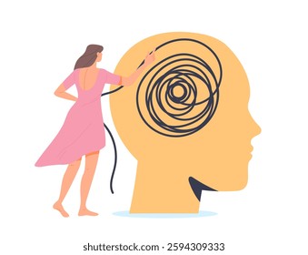 Mental health. Happy woman with healthy mindset. Young girl unravels tangle in her mind. Psychotherapy, self acceptance and wellbeing. Flat vector illustration isolated on white background