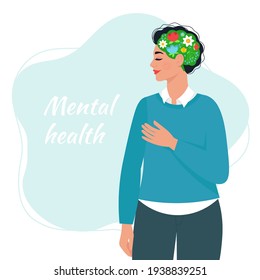 Mental health. Happy Woman's. Head with flowers in the brain, head. Vector illustration