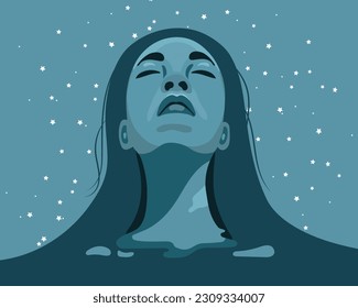 Mental health. Harmony with yourself and the universe. Woman on the background of the sky with stars. Illustration, vector