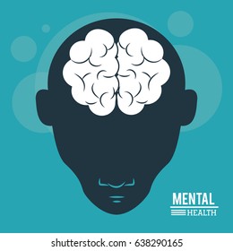mental health, head human, silhouette face and brain in flat style