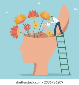 Salud mental. Mentalidad saludable. Mantener el equilibrio entre el trabajo y la vida personal. Despacio y cuide de su salud. Buscar inspiración o motivación para lograr objetivos. El hombre regando flores en la cabeza