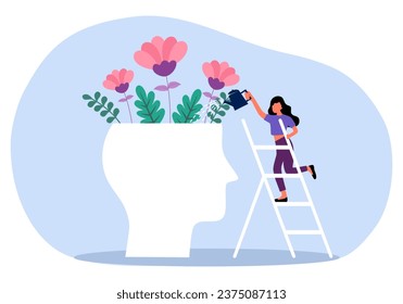 Mental health. Healthy mentality. Keep balance between work and personal life. Man watering flowers in head.