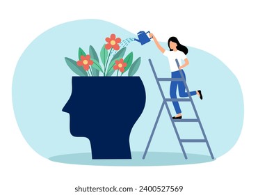 Mental health. Healthy mentality. Keep balance between work and personal life. Woman watering flowers in head.