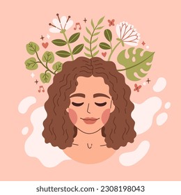 Mental health. Healthy mentality and self care illustration. Happy woman feel confident, relax, accept, love herself. 