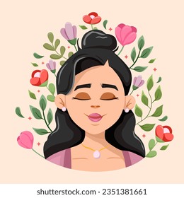 Mental health. Healthy mentality and self care illustration. A happy woman feels confident, relaxes, accepts, loves herself. Beautiful girl with closed eyes and flowers