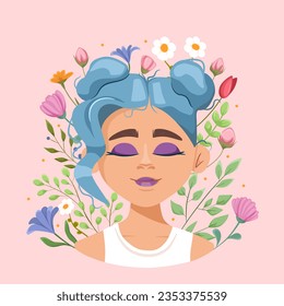 Mental health. Healthy mentality and self care illustration. A happy woman feels confident, relaxes, accepts, loves herself. Beautiful girl with closed eyes and flowers