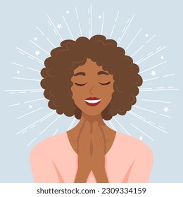 Mental health Healthy mental state, self-love, self-care, self-acceptance. Happy woman with stars. Illustration, vector