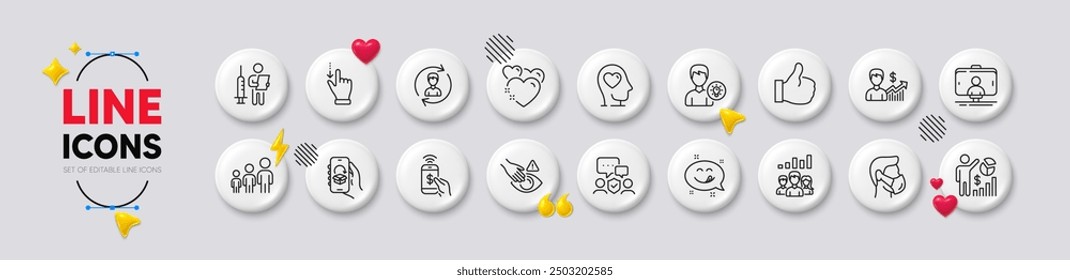 Mental health, Heart and Dont touch line icons. White buttons 3d icons. Pack of Selfie stick, Seo statistics, Business hierarchy icon. Like, Touchscreen gesture, Person idea pictogram. Vector