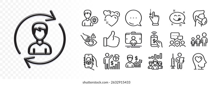 Mental health, Heart and Dont touch line icons for web app. Glare of light effect. Message icon. Pack of Selfie stick, Seo statistics, Business hierarchy pictogram icons. Vector