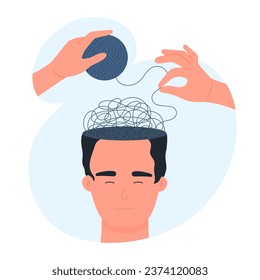 Mental health, help and care thoughts and mind recovery vector illustration. Cartoon psychologists hands pulling thread from tangled knot inside open abstract human head with sad depressed face