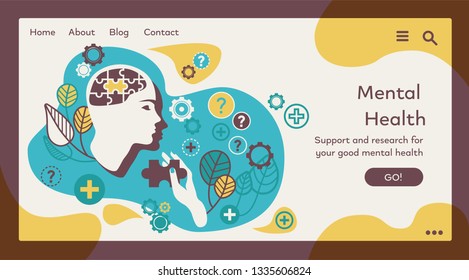 Mental health helping. Logo and page for mind evolving app. Head with brain. Website landing web page template concept.