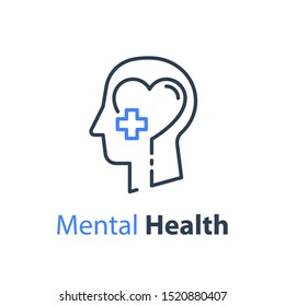 Mental Health, Human Head, Psychological Help, Psychiatry Concept, Therapy Course, Cognitive Development, Vector Line Icon