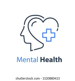 Mental health, human head, psychological help, psychiatry concept, therapy course, cognitive development, vector line icon