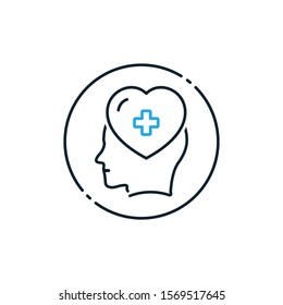 Mental health, human head, psychological help, psychiatry concept, therapy course, cognitive development, vector line icon
