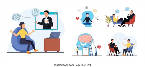 Mental health, human head, psychological help, psychiatry concept, therapy course, cognitive development, vector concept illustration template