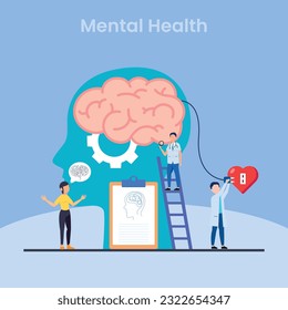 Mental health, human head, psychological help, psychiatry concept, therapy course, cognitive development, vector concept illustration template