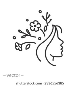 mental health human icon, woman face profile, positive thinking or happy thoughts, thin line symbol on white background - editable stroke vector illustration eps10