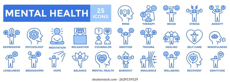Mental health icon collection set.Containing mind, therapy, mood, stress, anxiety, counselor, hope, self care icon.Simple blue vector illustration.