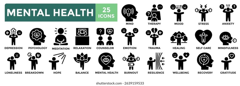 Mental health icon collection set.Containing mind, therapy, mood, stress, anxiety, counselor, hope, self care icon.Simple solid vector illustration.