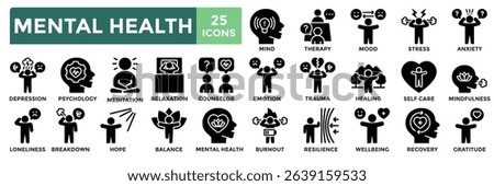 Mental health icon collection set.Containing mind, therapy, mood, stress, anxiety, counselor, hope, self care icon.Simple solid vector illustration.