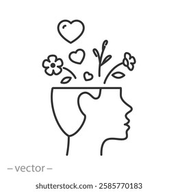 mental health icon, human head with flowers, self love, yourself care, wildflowers, thin line vector illustration