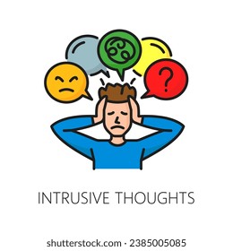 Mental health icon, intrusive thoughts psychological disorder problem. Vector sign of man suffering from persistent thought bubbles with swirling tendrils, unwelcome thought that intrude upon the mind