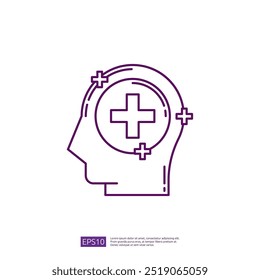 Icono de salud mental, ilustración de arte lineal de una cabeza humana con un Iniciar sesión más en el medio del cerebro, concepto de bienestar mental, pensamiento positivo y cuidado personal