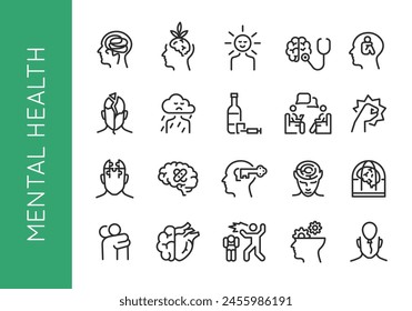 Mental Health Icon Set. A collection of various icons related to emotional well-being and psychological health, including themes such as therapy, stress, addiction, mindfulness. Vector illustrations