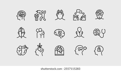 Mental Health Icon Set. A collection of 15 icons related to emotional well-being and psychological health, including themes such as therapy, stress, addiction, mindfulness. Vector illustrations