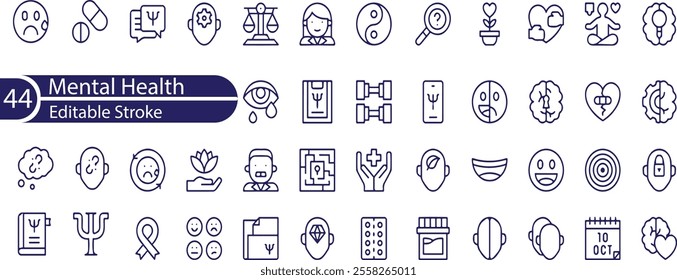 Mental health icon set. Collection of meditation, stress management, anxiety, relief, depression and more.