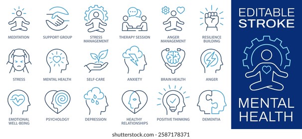 Mental health icon set. Collection of meditation, anger, anxiety, psychosis, depression and more. Vector illustration. Editable stroke.