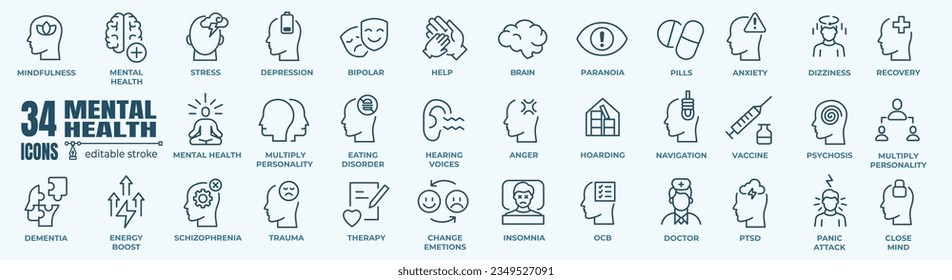 Mental health icon set. Containing depression, bipolar, PTSD, panic and mind disorder icons. Psychology solid symbol vector illustration.