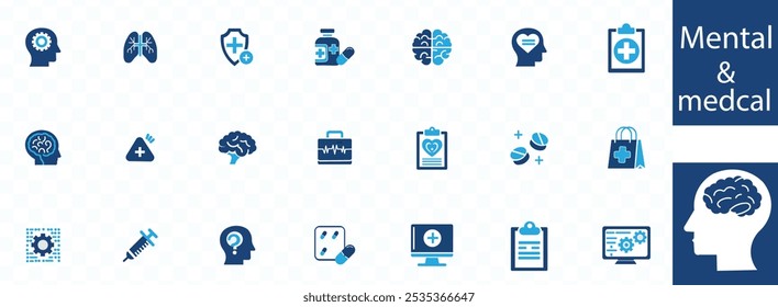 Conjunto de iconos de salud mental. Contiene iconos de depresión, bipolar, trastorno de estrés postraumático, pánico y trastorno mental. Ilustración vectorial de símbolos sólidos de psicología