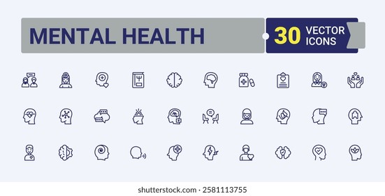 Mental Health icon set. Contains such icons as problem, people, thinks, doctor, psychotherapy, disorder and more. Perfect for logos and infographics. Solid line editable stroke.